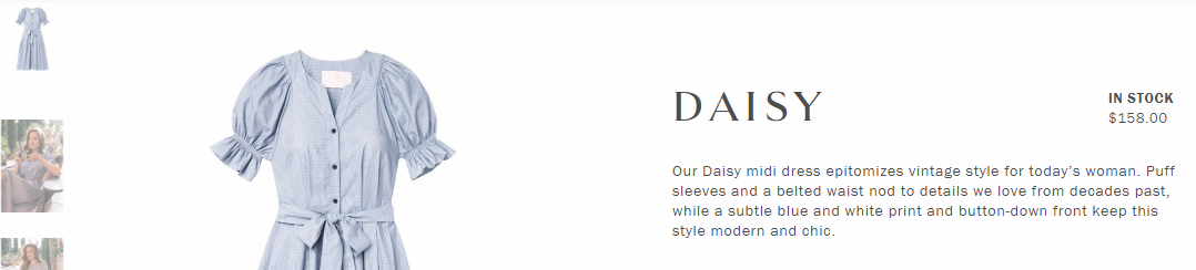 Gal Meets Glam keeps it’s feminine, retro-leaning personality intact with product copy for the  Daisy dress . 
