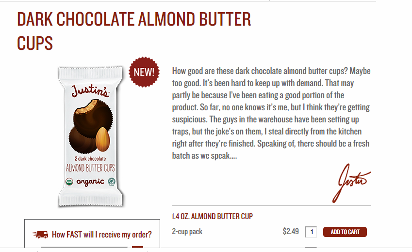   Justin’s  product copy is all-personality, through and through. 